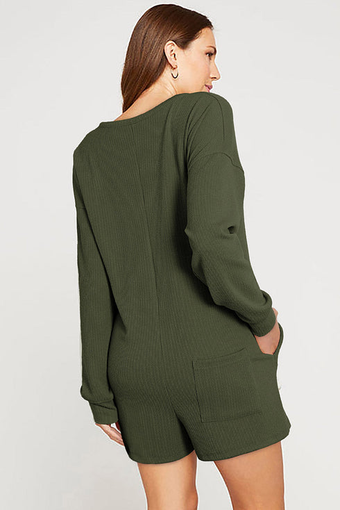 Brushed Ribbed Button Split V Neck Long Sleeve Romper